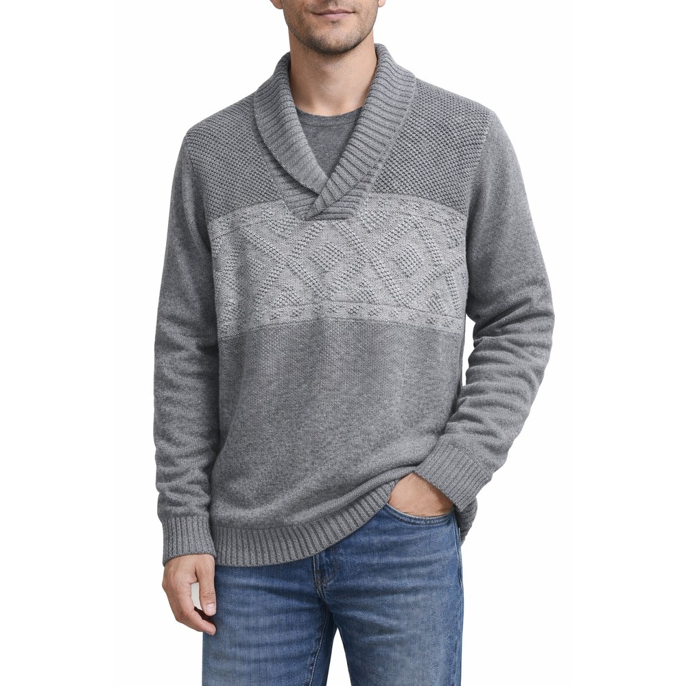 Perry Ellis Men's Gray V-Neck Sweater M Textured Knit Geometric Pattern Soft